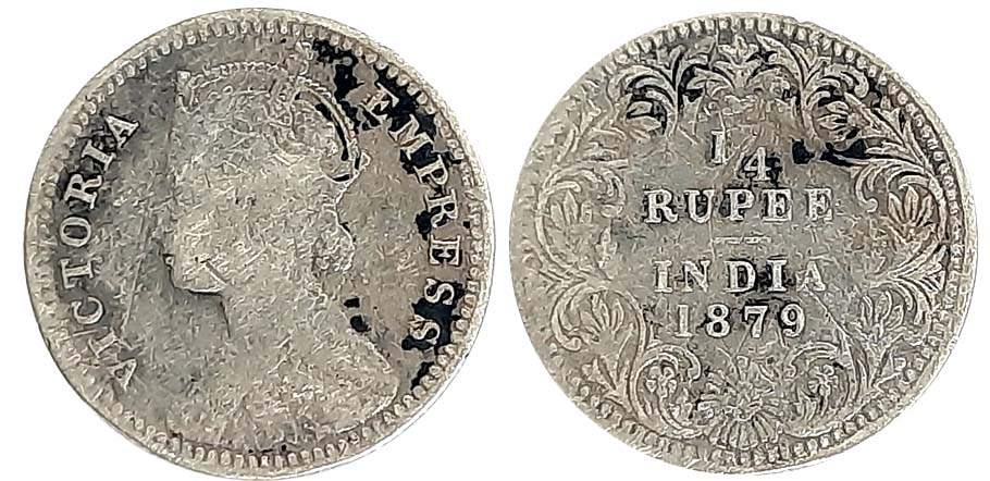 Victoria Empress, Silver 1/4 Rupee, 1879. Serval Shroff marks on obverse and reverse. Good