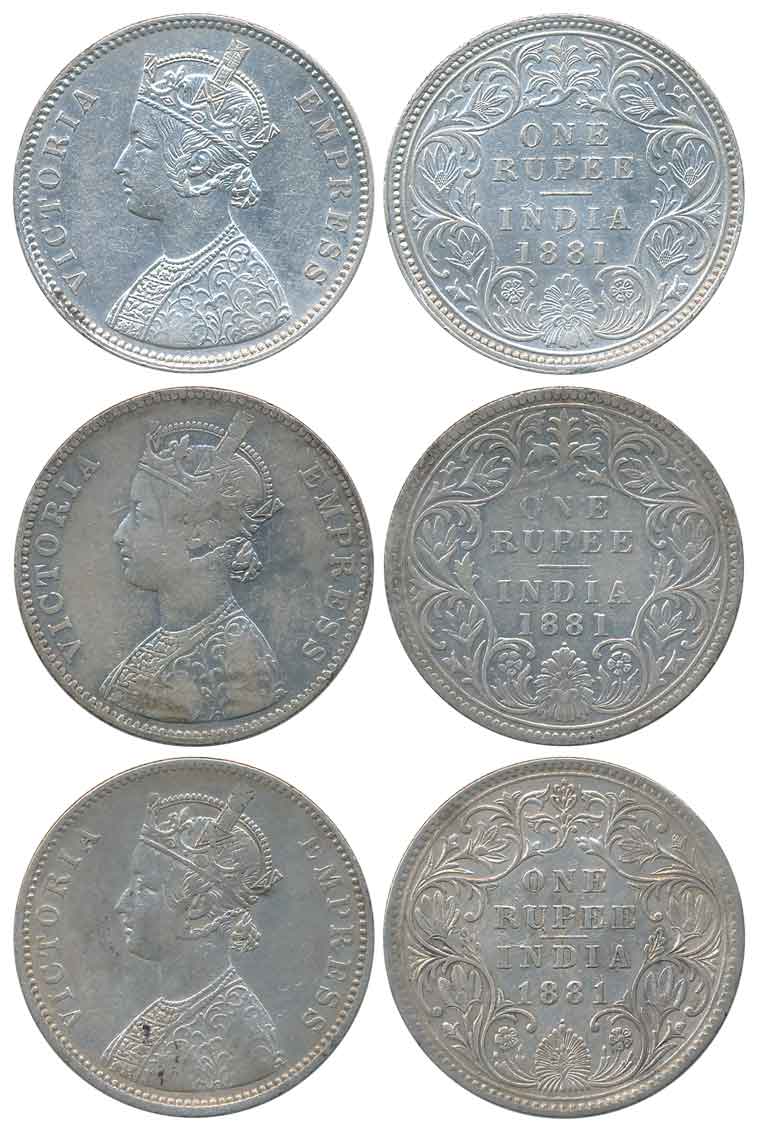 Victoria Empress, Silver Rupees (3), All different varieties, 1881, Calcutta Mint (1), A1/