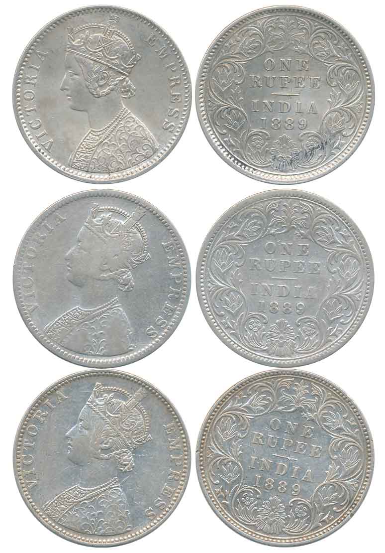 Victoria Empress, Silver Rupees (3), All different varieties, 1889, Calcutta Mint (1), C3/