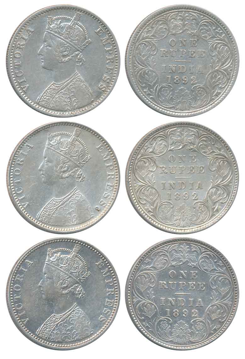 Victoria Empress, Silver Rupees (3), All different varieties, 1892, Calcutta Mint (1), C3/