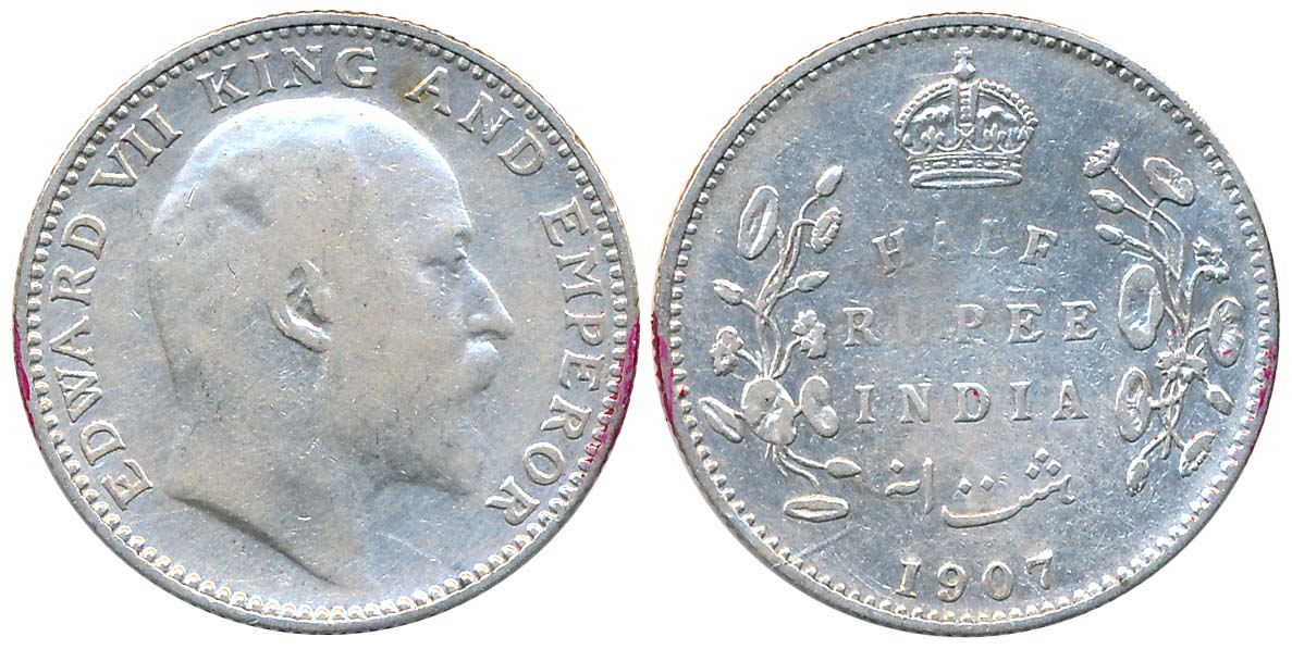 Edward VII, Silver 1/2 Rupee, 1907, Bombay Mint, B incused (Prid# 316). Very fine, scarce.