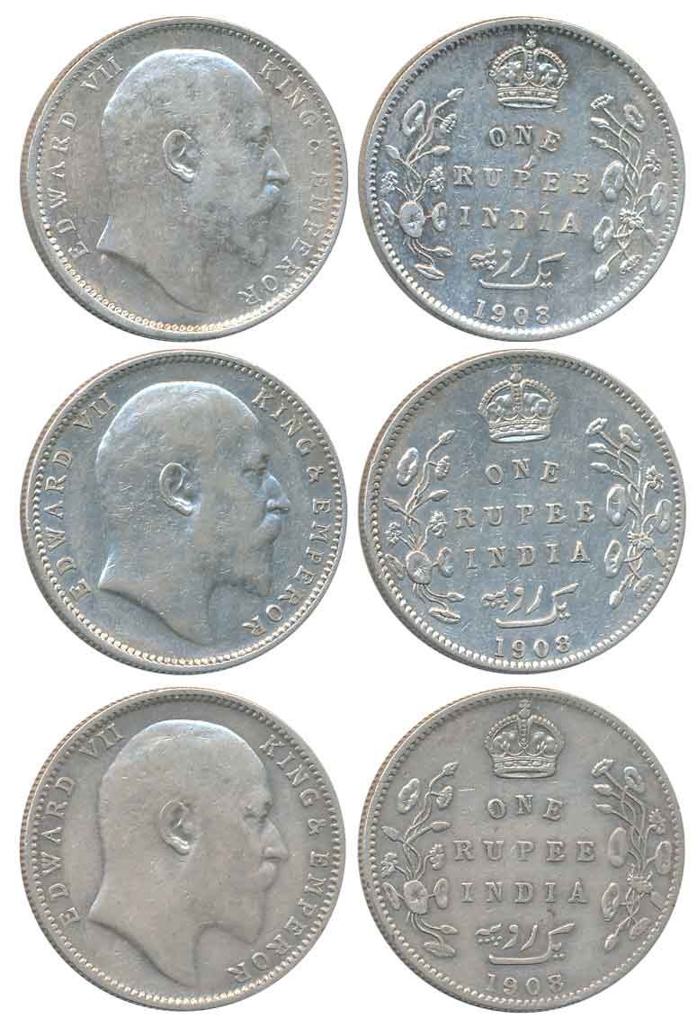 Edward VII, Silver Rupees (3), All different varieties & mint, 1908, Calcutta Mint (1), no