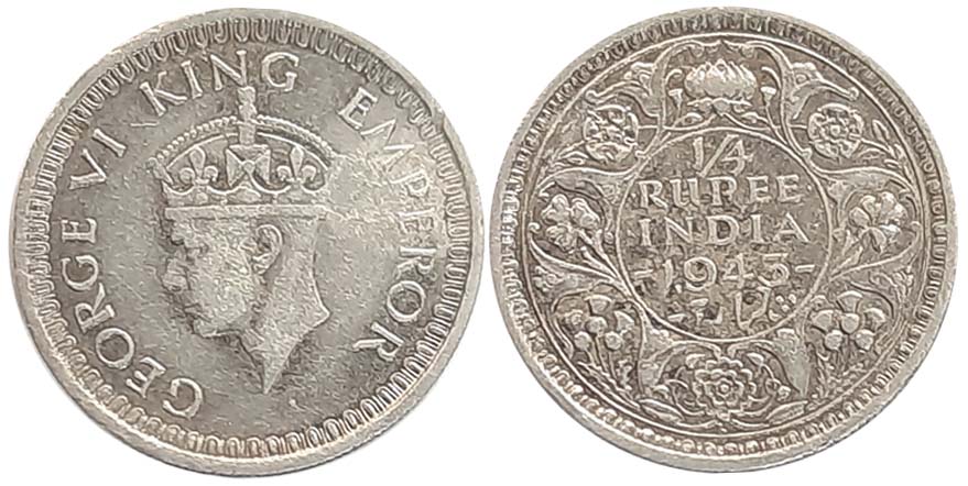 George VI, Silver 1/4 Rupee, 1943, Large 3, Lahore Mint. Very fine, very rare.