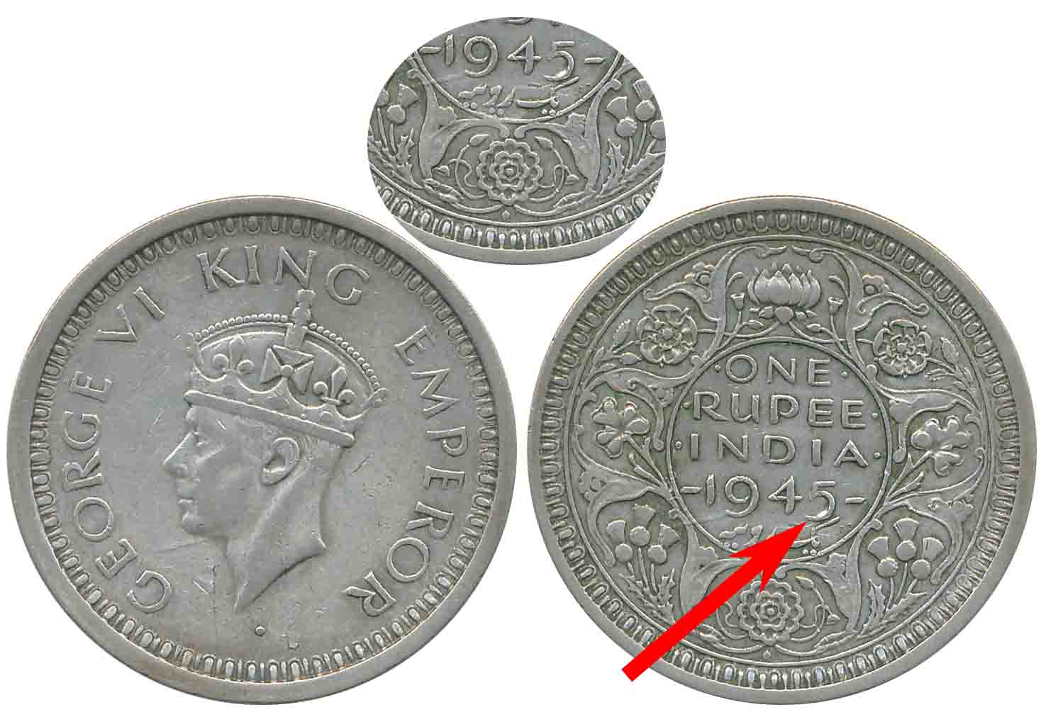 George VI, Silver Rupee, 1945, Bombay Mint, (D/I) bead large 5. About extremely fine.