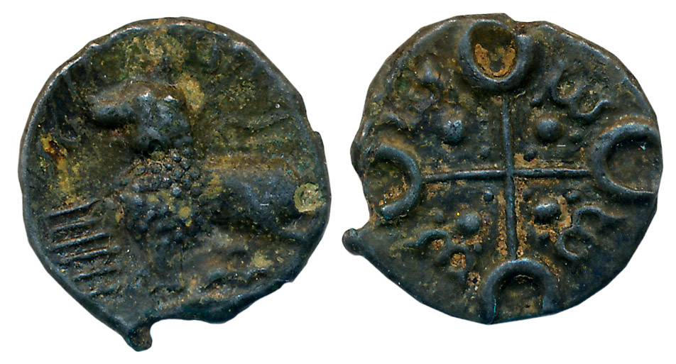 Satavahanas, Siri Satavahanasa, Alloyed Copper, 3.22g, “Junnar Lion” Type, Obv: Lion stand