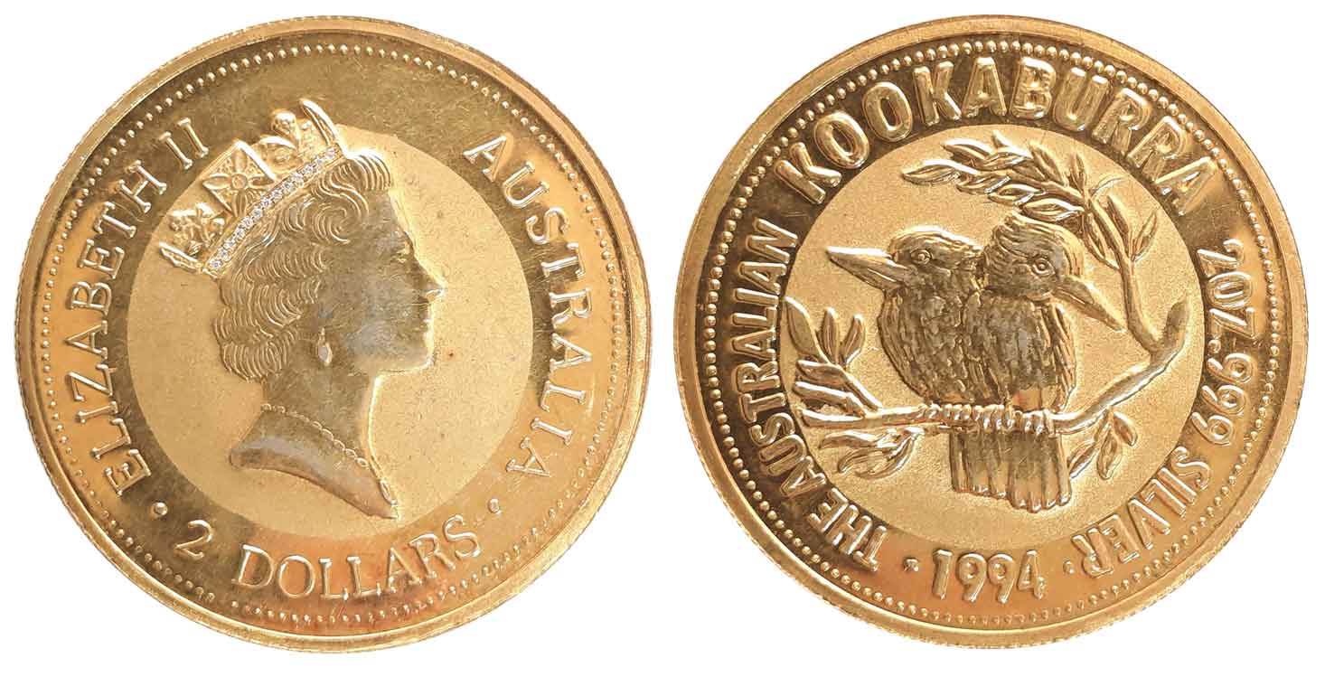 Australia, Gold gilt on silver 2 dollars, Pie fort, 73.53g, 1994, Kookaburra Series, 13 di