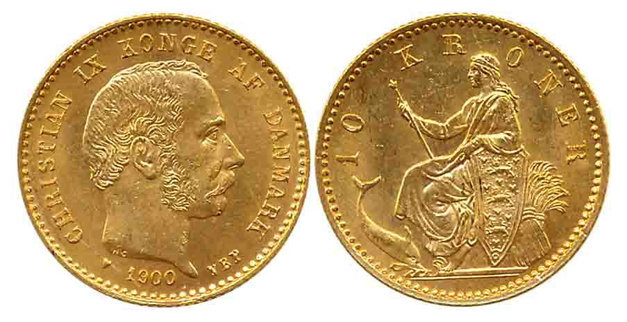 Denmark, Christian IX, Gold 10 Kroner, 4.48g, 1900, Obv: Portrait facing to right, Rev: Se