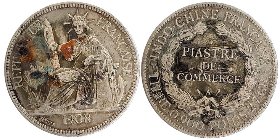 French Indochina, Silver 1 Piastre, 26.64g, 1908, Obv: Marianne seated left with fasces, d
