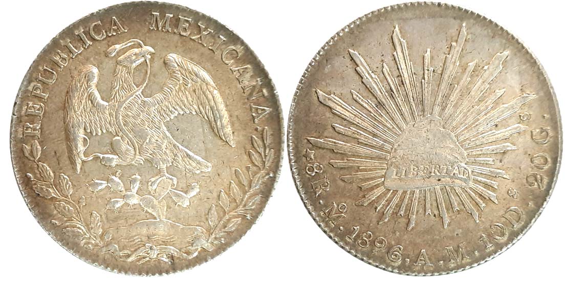 Mexico, Silver 8 Reals, 27.12g, Obv: Eagle with snake on cactus, Rev: Radiant cap with ray
