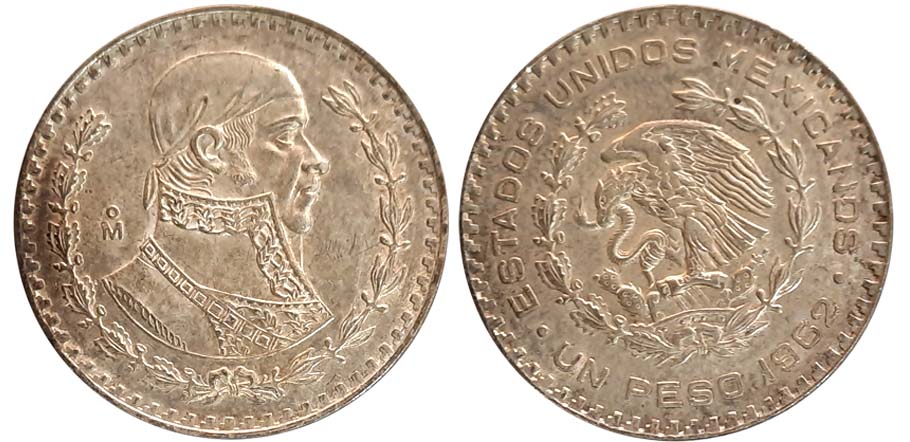 Mexico, Silver 1 Peso, 16.00g, Obv: Country name (Estados Unidos Mexicanos) in a semicircl