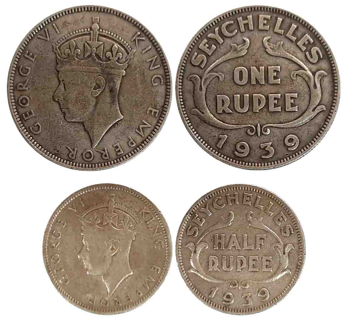 Seychelles, George VI, Silver (2), 11.46g, 5.66g, Rupee & 1/2 Rupee, 1939, Obv: Crowned he