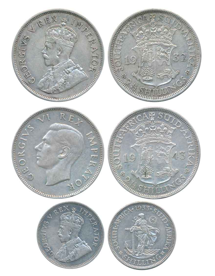 South Africa, Silver (3), George V, 2 1/2 Shilling, 1932, Obv: King George V Bust left, Re
