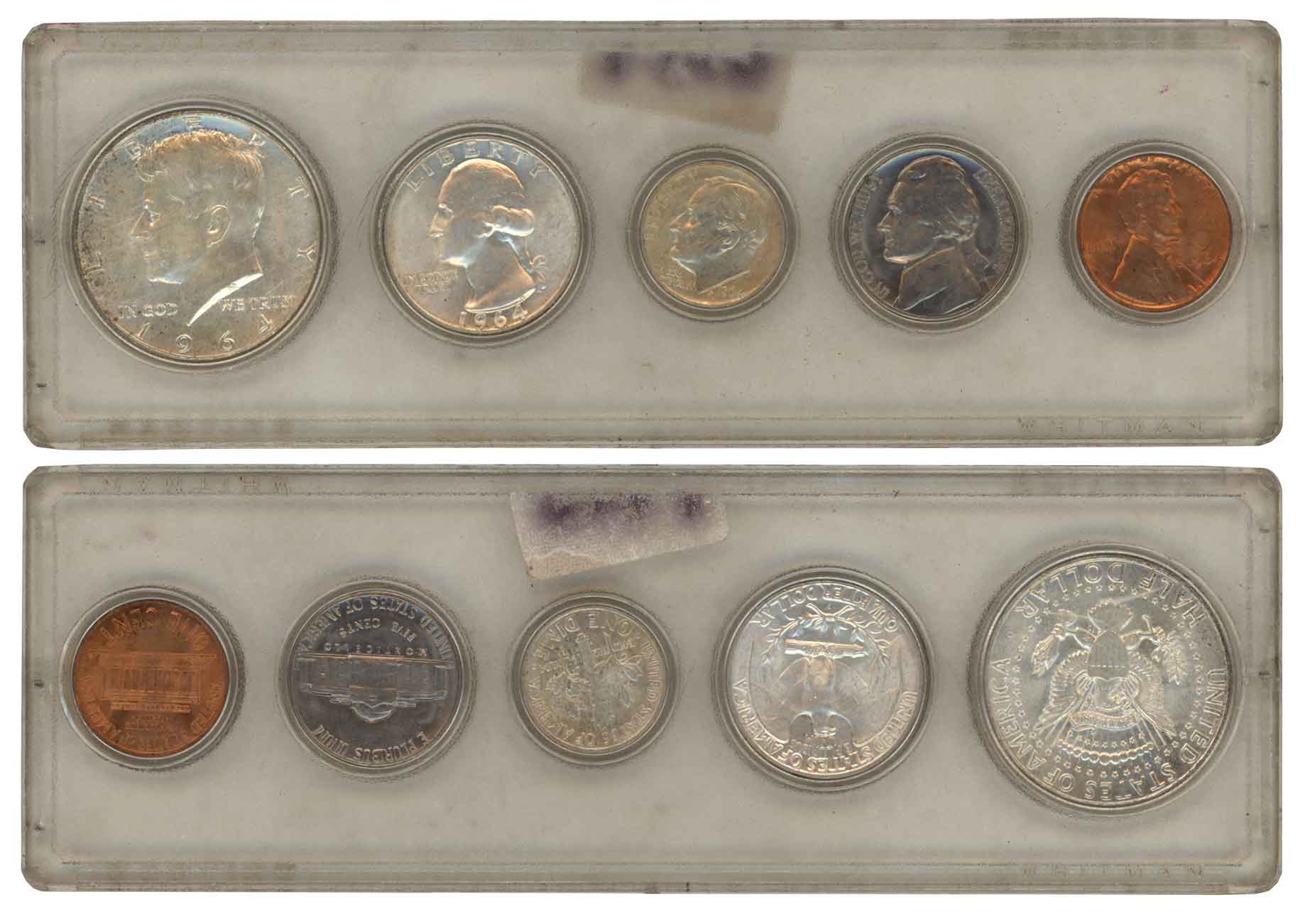 United States, Set of 5 coins, 1964, Silver Kennedy 1/2 Dollar, Silver Washington 1/4 Doll