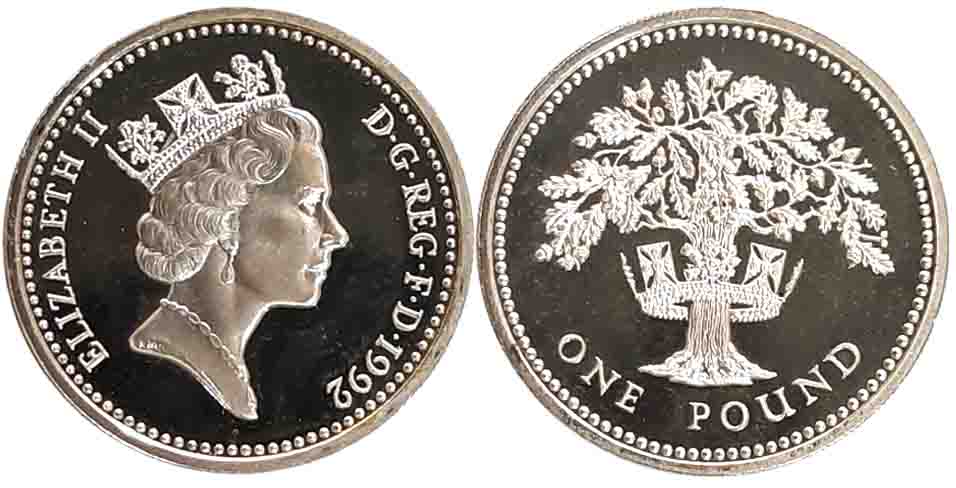 United Kingdom, Elizabeth II, Silver 1 Pound, 9.50g, Proof, 1992, “Royal Diadem series”, O