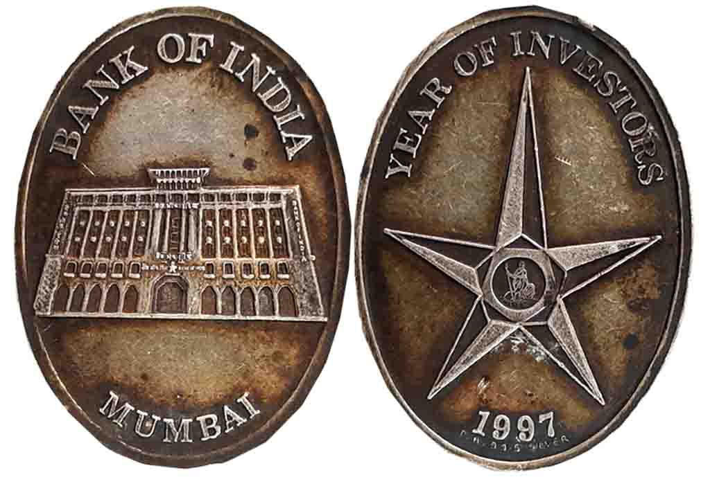 The Bank of India, Silver, 40.03g, 1997, Obv: Headquarter Building, Rev: Logo and Date. Ve