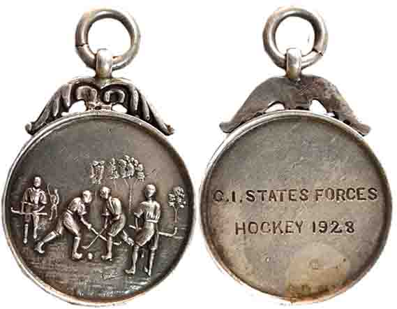 Sports Medal, Silver, 15.21g, C.I. States Forces Hockey 1928, Obv: Depiction of players, R