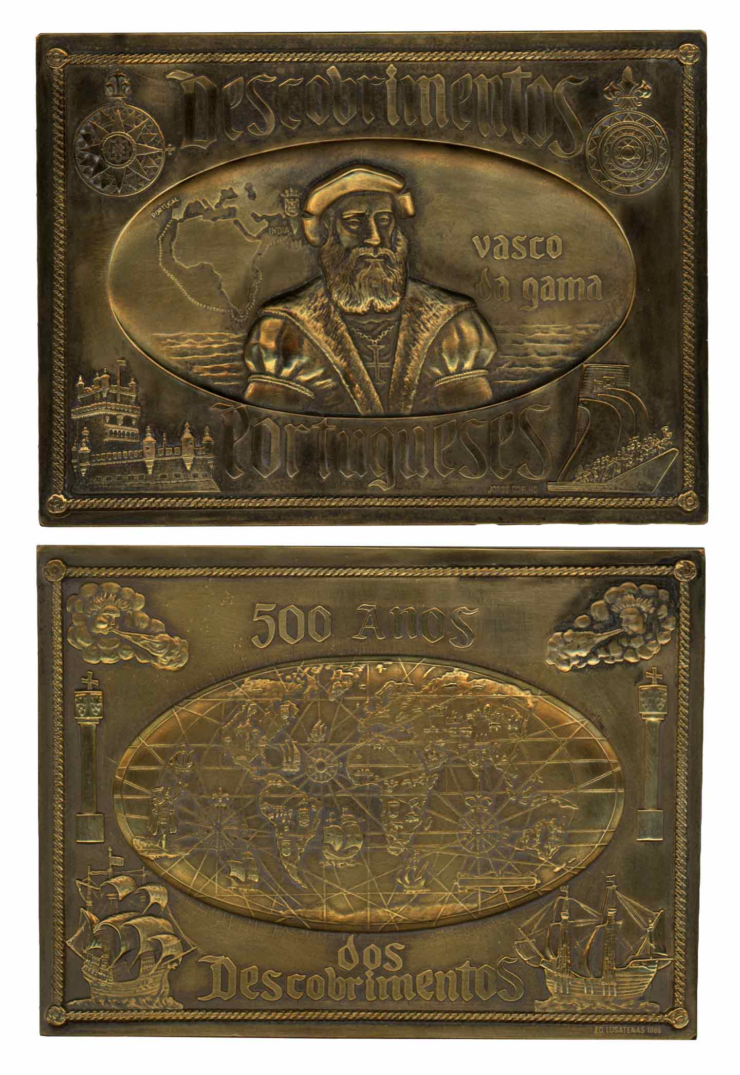 Portuguese, Vasco da Gama, Rectangular Heavy Bronze Medallion, 546.50g, 1998, Commemoratin