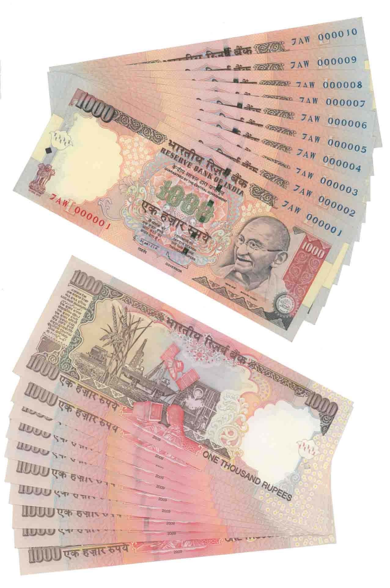 Rupees 1000 Consecutive 10 Notes, Fancy Number Set 000001 to 000010, Type 6.9.6, 2009, Sig