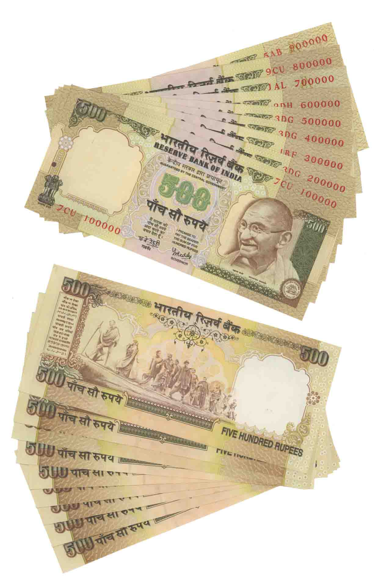Rupees 500 Consecutive 9 Notes, Fancy Number Set 100000 to 900000, Type 6.8.3, Signed by Y