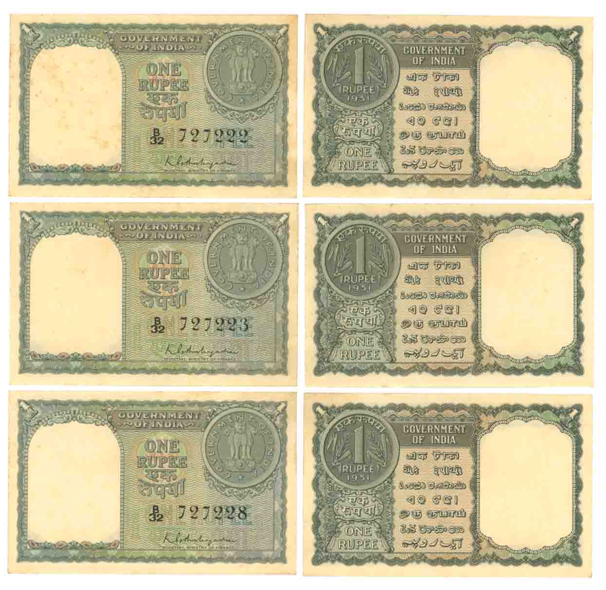 Rupee 1 (3), Type 6.1.1, Consecutive Notes (2) & 1 Note from same Bundle, Signed K G Ambeg