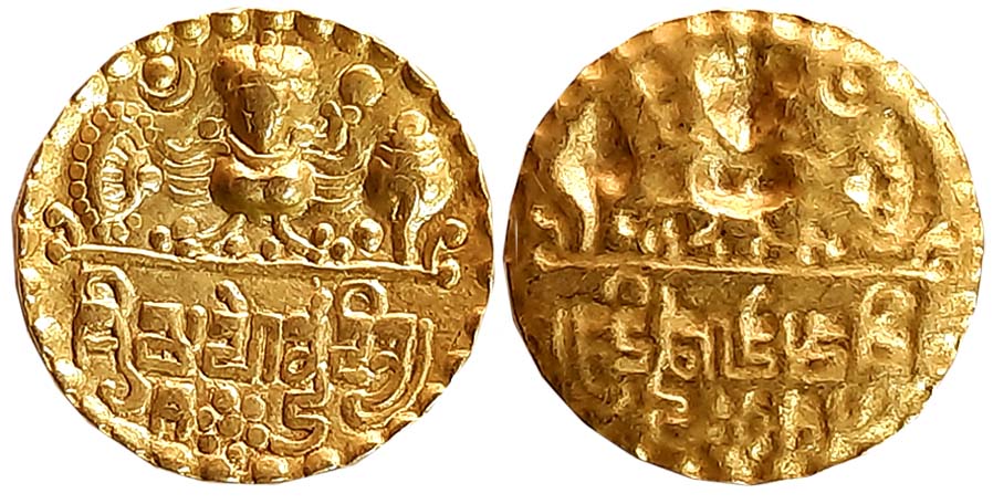 Gupta, Kumar Gupta I, Gold Dinar, 1.25g, broad flan, Repousse, Obv: Garuda seated on a bra
