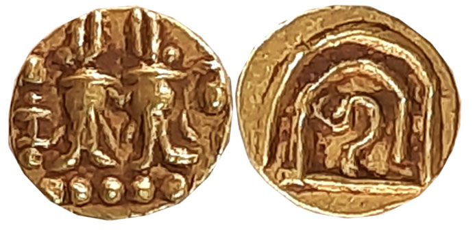Alupas, Anonymous Gold Fanam, 0.41g, Obv: Alupa royal emblem of a pair of Fish, a lampstan