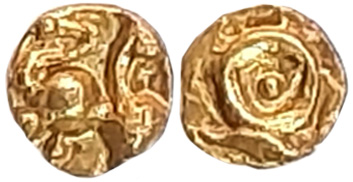 Kadambas, Gold 1/4 Fanam, 0.09g, anonymous, Obv: Beautiful lion to right, Rev: Kannada let