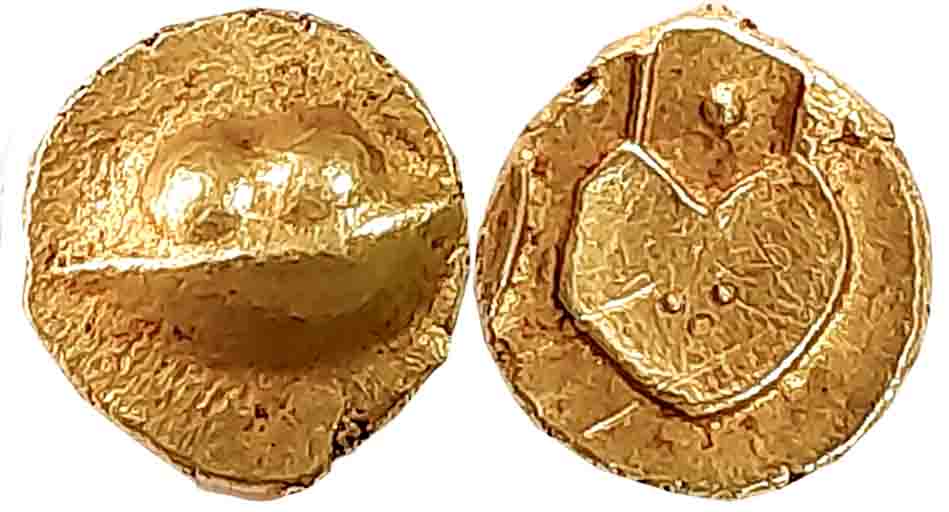 Gold Hudki 1/2 Pagoda, 1.66g, uncertain symbols on both sides (G&G# BJ48). Very fine.