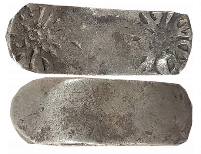Punch Marked, Attributed to Gandhara Janapada, Silver Bent Bar, 11.35g, Uniface, Six armed