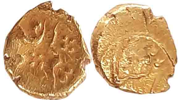 Aurangzeb, Gold Fanam, 0.36g, Obv: Legend “Alamgir” in Persian, Rev: Legend “Falam”, writt