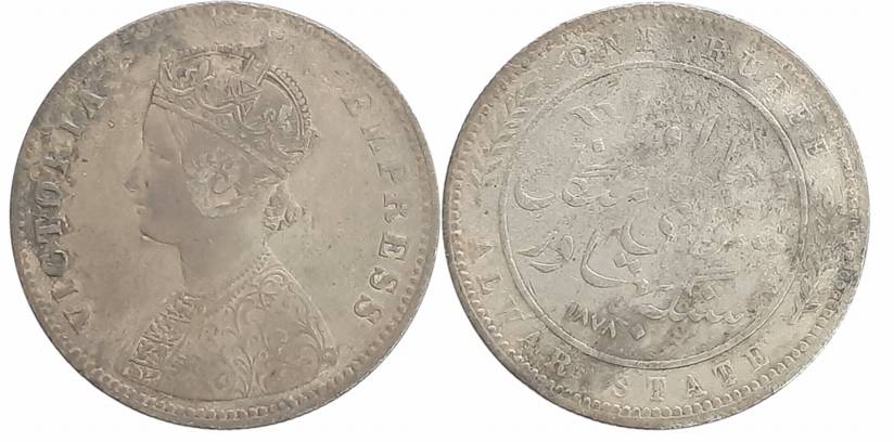 Mangal Singh, Silver Rupee, 11.45g,1877, with the name of Victoria Empress, Obv: Crowned b
