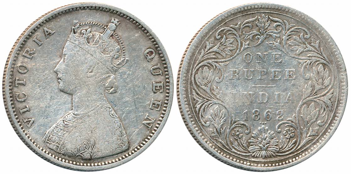 Victoria Queen, Silver Rupee, 1862, Mule, Bombay Mint, Obv: Half Anna Die, Rev: II/0/3 dot