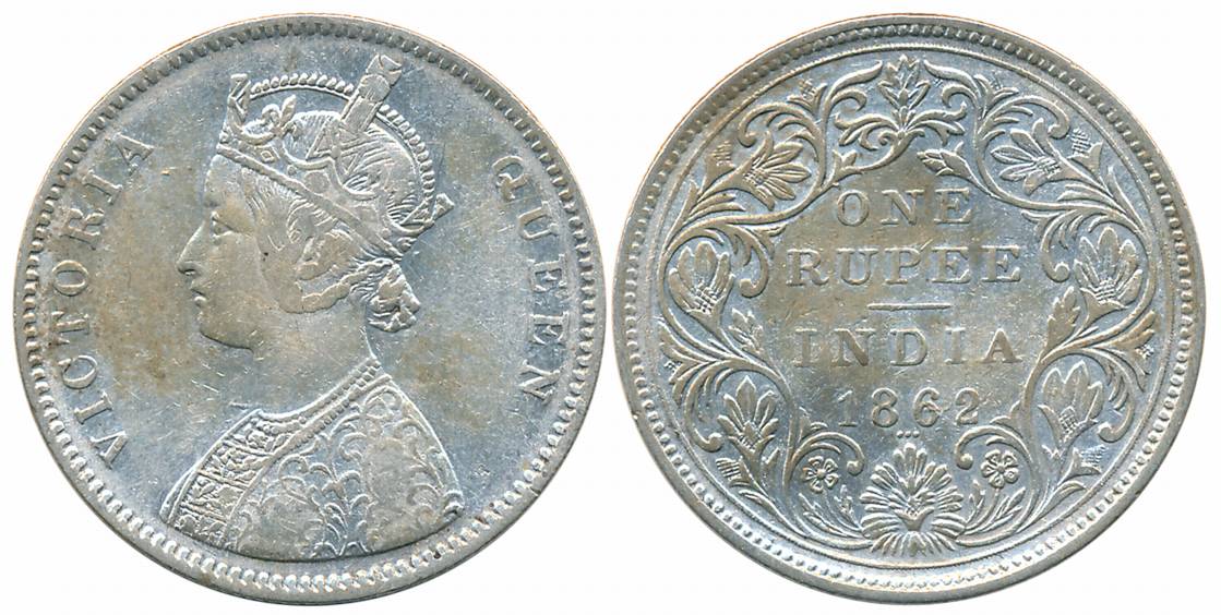 Victoria Queen, Silver Rupee, 1862, A/II-0/3. Very fine +, Very rare.