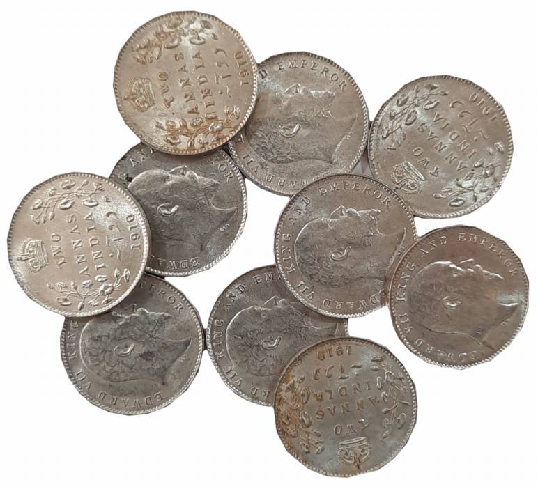 Edward VII, Silver 2 Anna (10), 1910. About uncirculated to uncirculated. 10 coins.