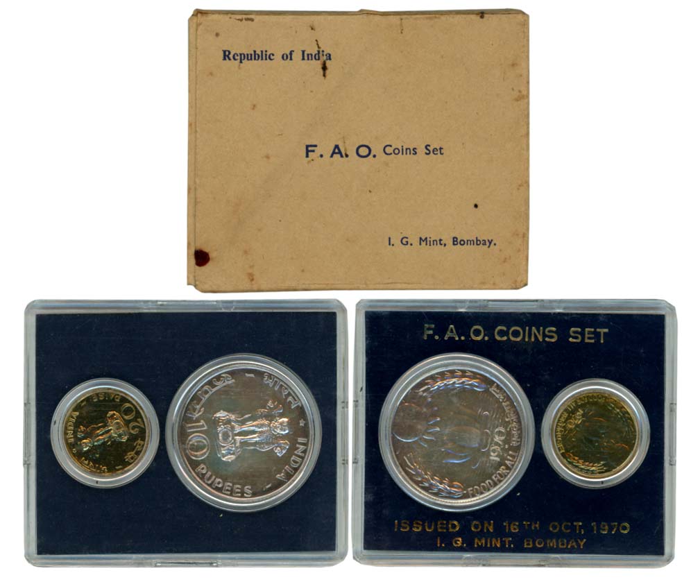1970, Uncirculated Set of 2, Rupees 20 & 10, “Food For All”, Bombay Mint (RB# 24). In acry