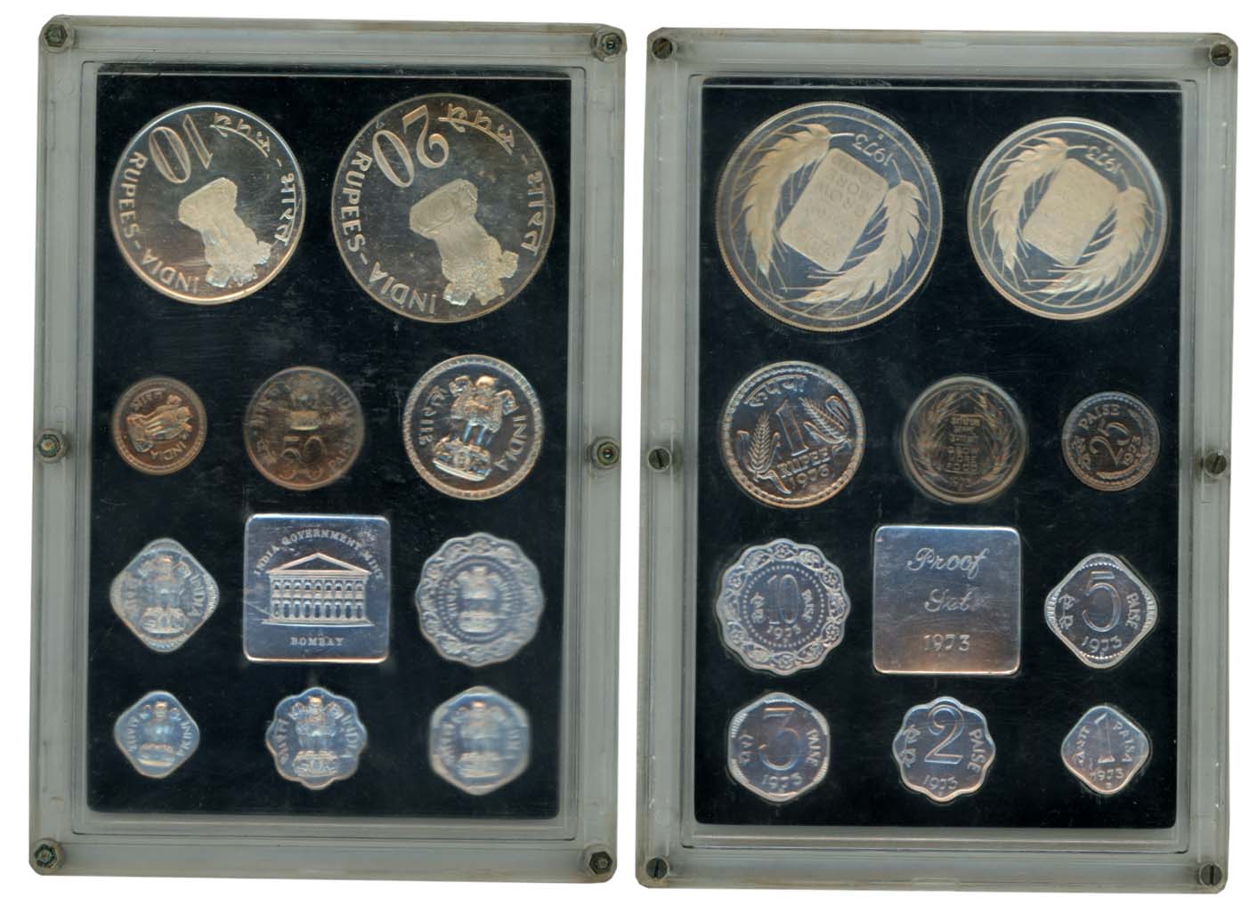 1973, Proof set of 10, Rupees 50, 10 & 1, Paisa 50, 25, 10, 5, 3, 2, & 1, with mint emblem