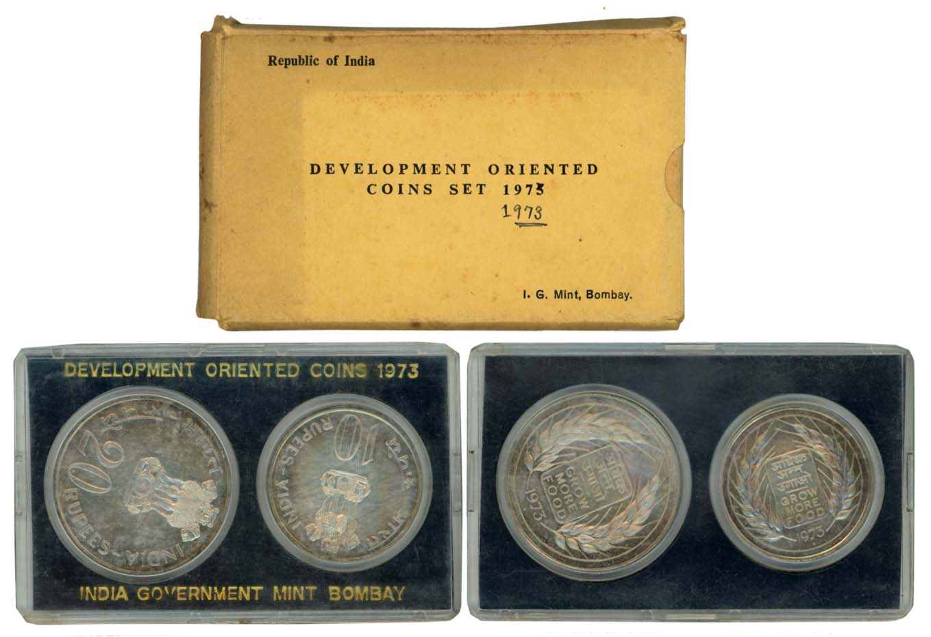 1973, Development Oriented Coins, Uncirculated Set of 2, Rupees 20 & 10, “Grow More Food”,