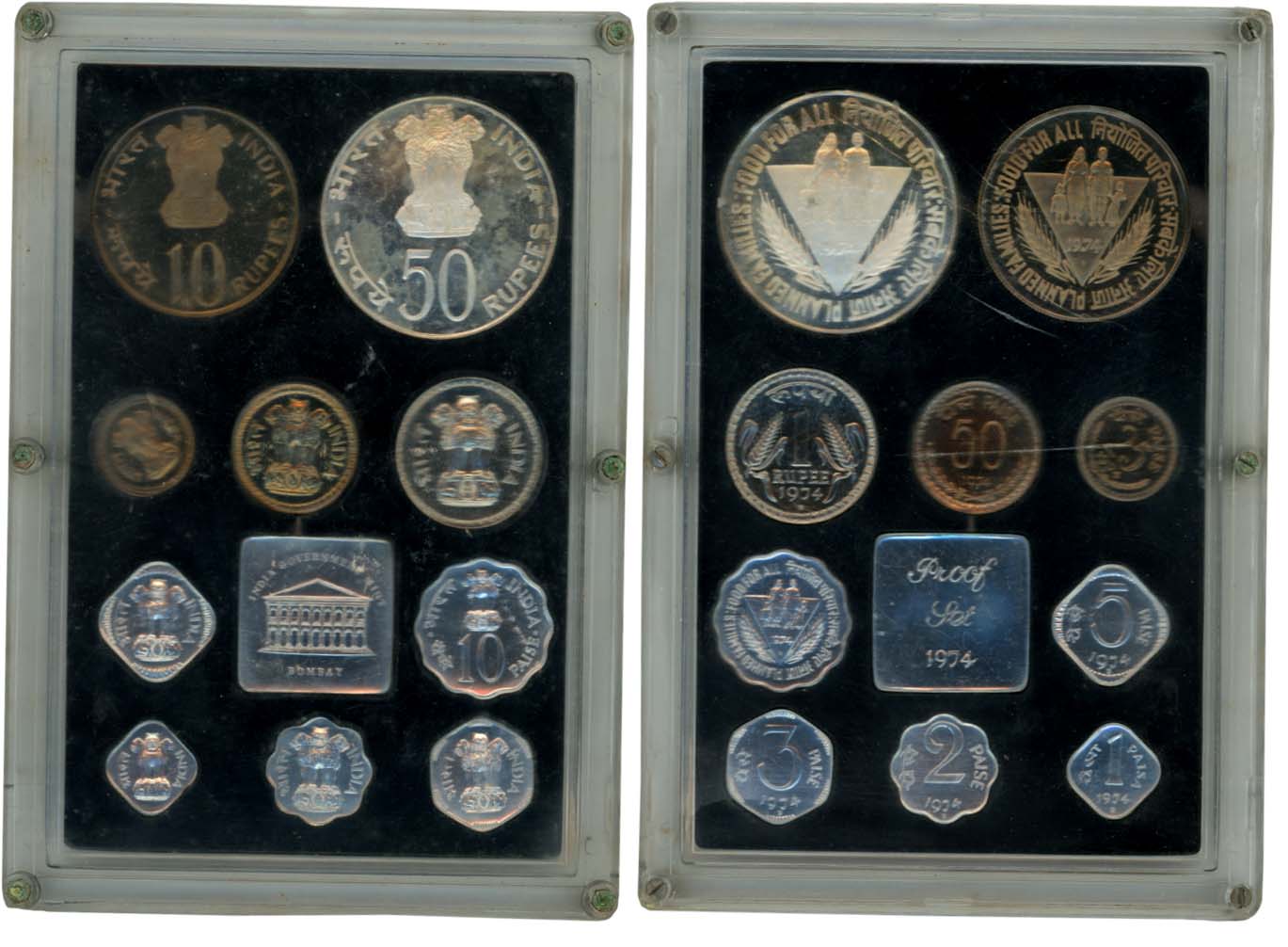 1974, Proof set of 10, Rupees 50, 10 & 1, Paisa 50, 25, 10, 5, 3, 2, & 1, with mint emblem