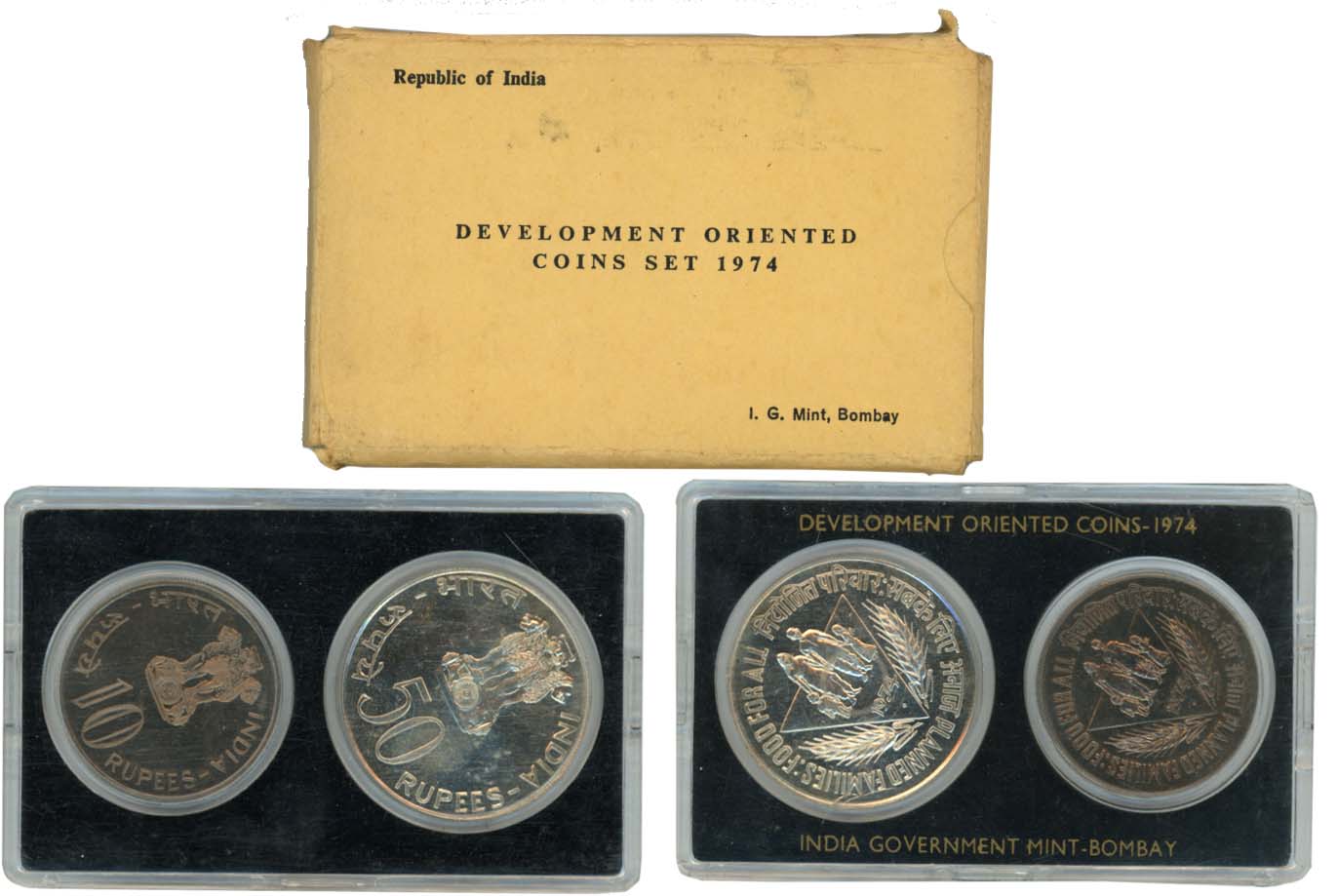 1974, Development Oriented Coins, Proof set of 2, Rupees 50 & 10, “Planned Families Food f