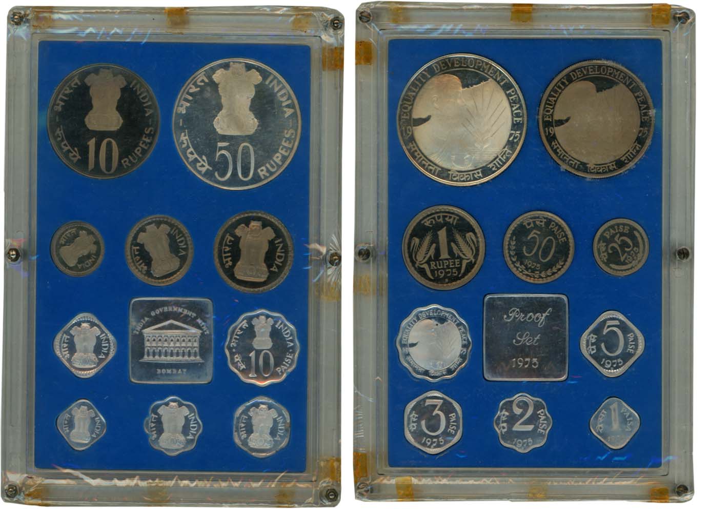 1975, Proof Set of 10, Rupees 50, 10 & 1, Paisa 50, 25, 10, 5, 3, 2, & 1, with mint emblem