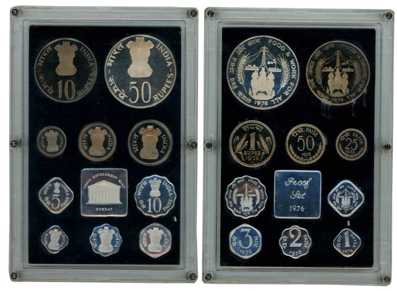 1976, Proof Set of 10, Rupees 50, 10 & 1, Paisa 50, 25, 10, 5, 3, 2, & 1, with mint emblem