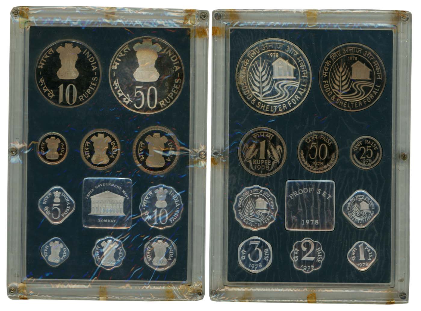 1978, Proof Set of 10, Rupees 50, 10 & 1, Paisa 50, 25, 10, 5, 3, 2, & 1, with mint emblem