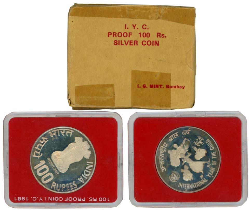 1981, Proof, Rupees 100, “International Year of The Child”, Bombay Mint (RB# 89). In acryl