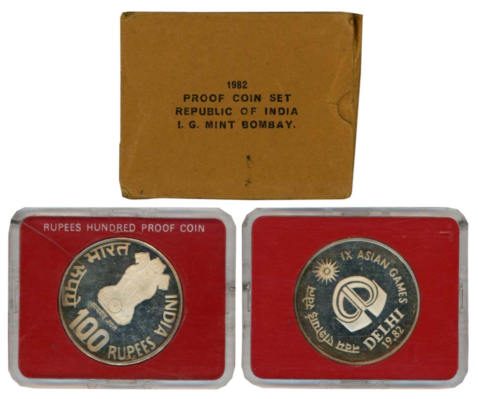 1982, Proof, Rupees 100, “IX Asian Games”, Bombay Mint (RB# 93). In acrylic case with oute
