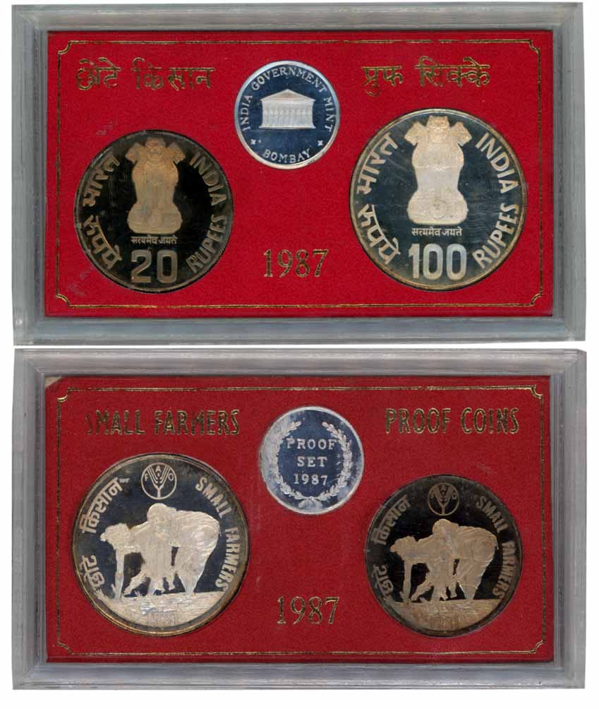1987, Proof Set of 2, Rupees 100 & 20, “Small Farmers”, Bombay Mint (RB# 128). In acrylic 