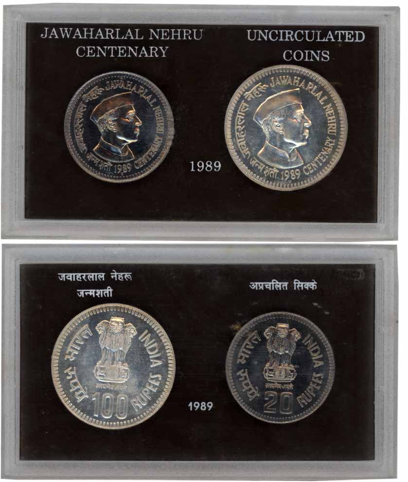 1989, Uncirculated Set of 2, Rupees 100 & 20, “Jawaharlal Nehru Birth Centenery”, Bombay M