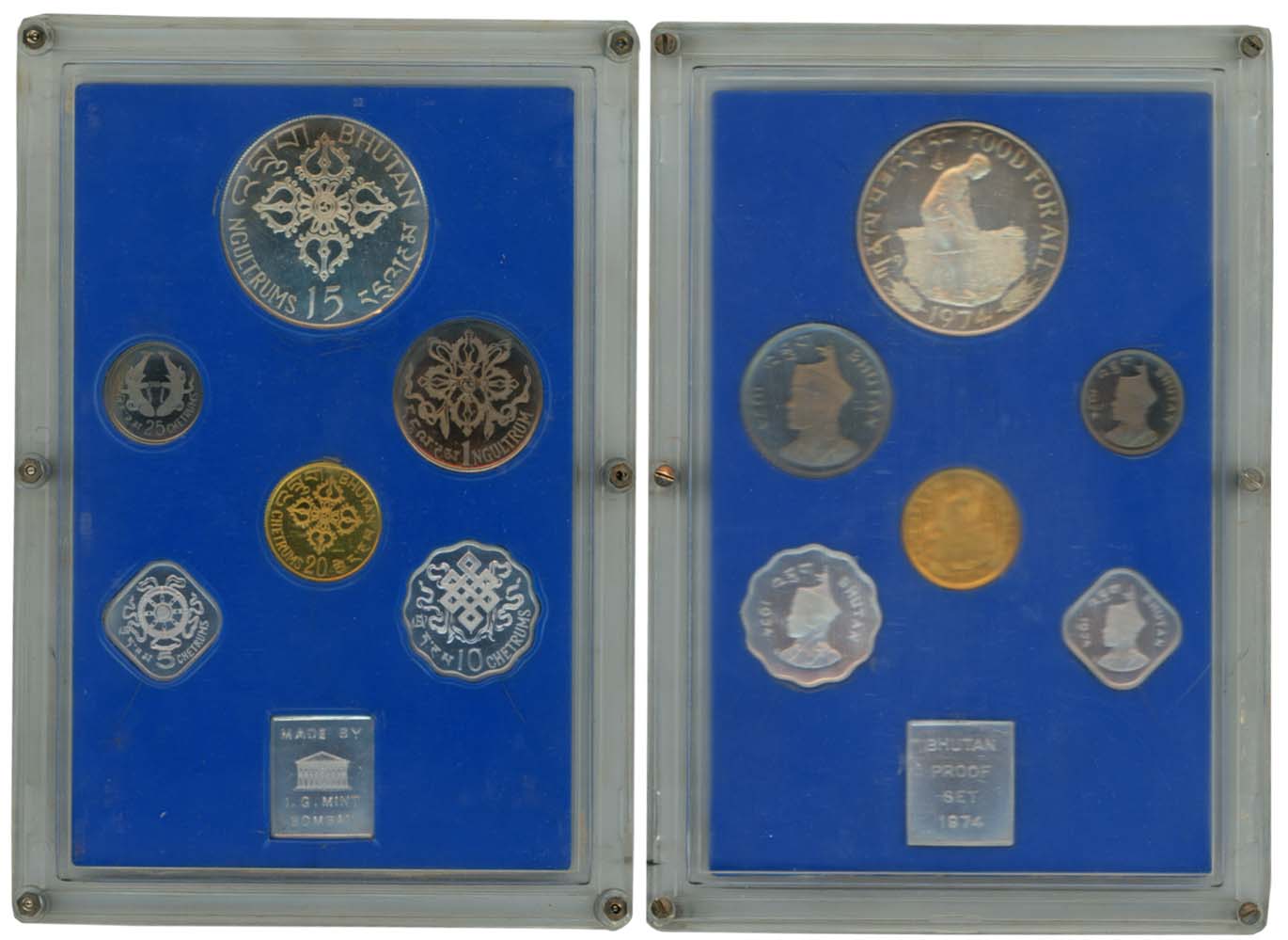 Bhutan, 1974, Proof Set of 6, 15 Ngultrums, 1 Ngultrum, 25 Chetrums, 20 chetrums, 10 Chetr