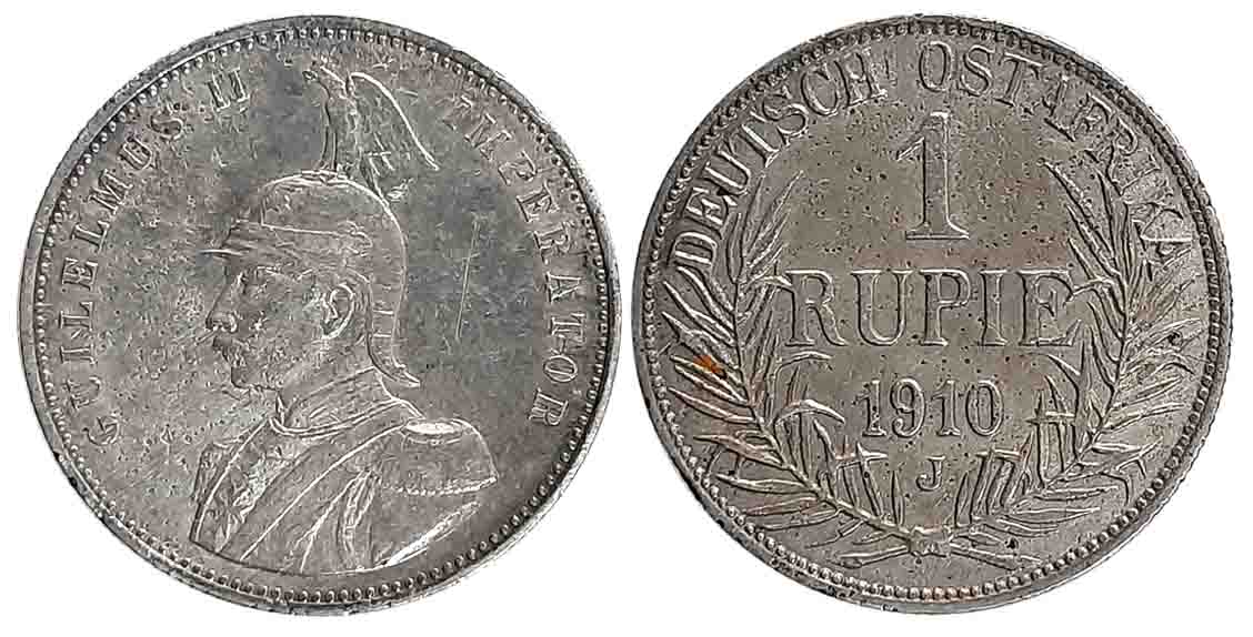 German East Africa, Wihelm II, Silver Rupie, 1910J, Obv: Armored bust to left, Rev: Shield