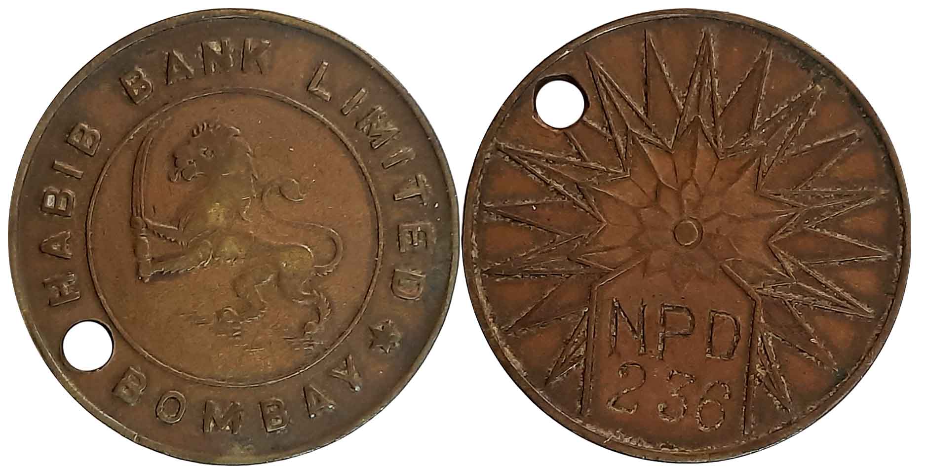 Habib Bank Token, Copper, 15.42g, Obv: Lion with Sword, legend around, Rev: Token number. 