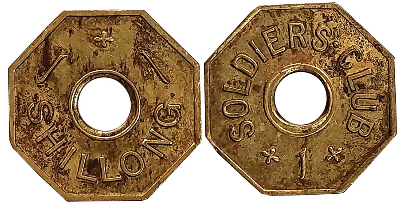 Copper Octagon Token, Obv: Shillong, Rev: Soldiers Club. Very fine.